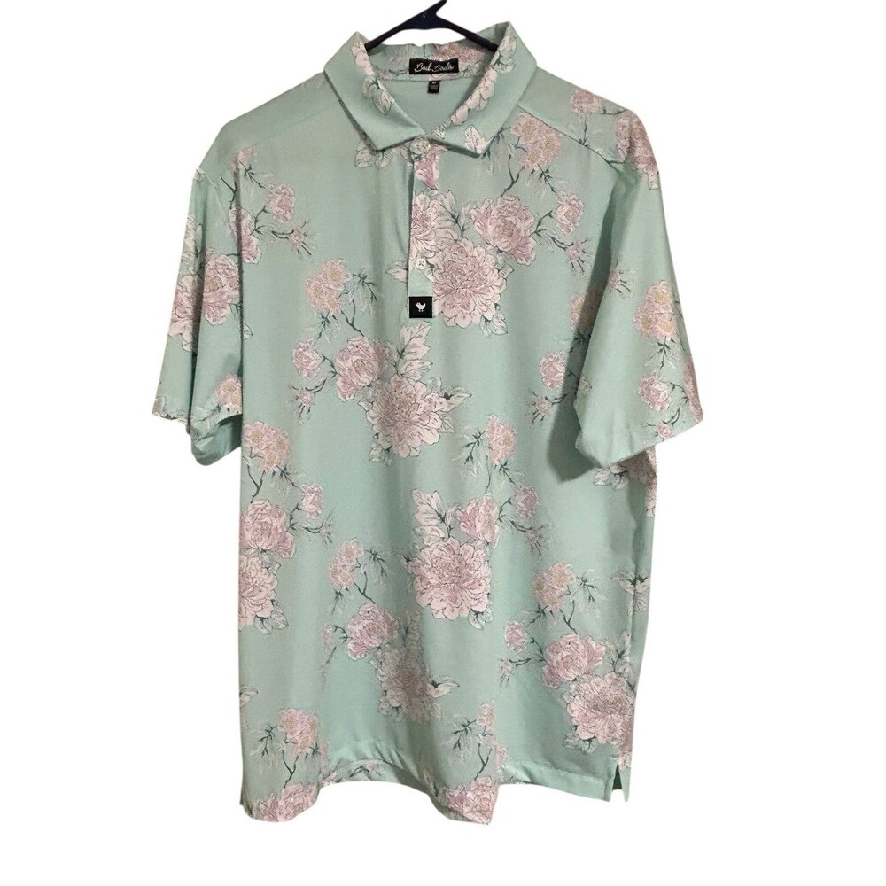 Bad Birdie Polo Golf Shirt Mens XL Garden Floral Aqua Blue Green Short Sleeve